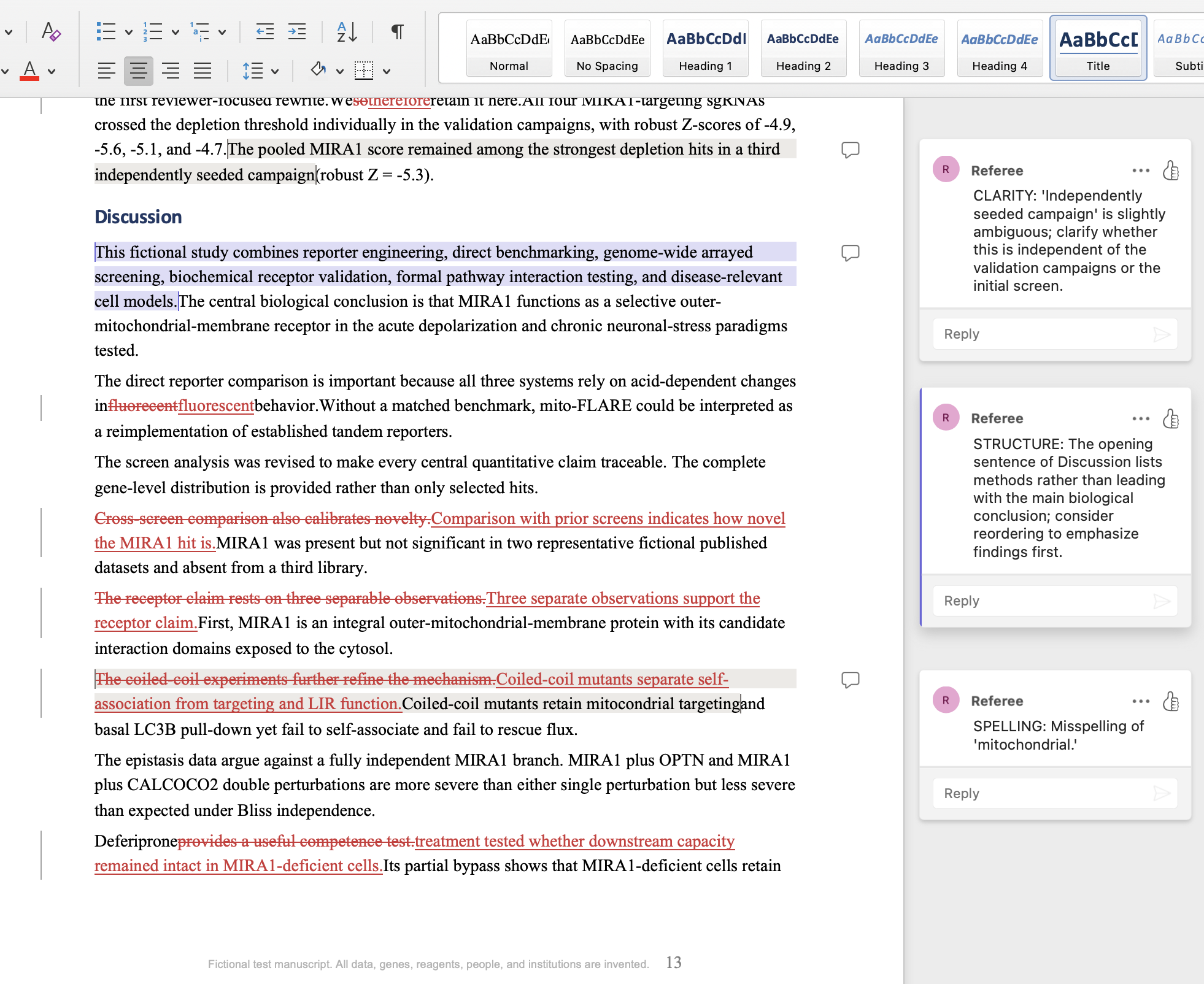 Tracked-changes Word document showing a manuscript Discussion section with suggested edits and inline reviewer comments explaining the reasoning for each change.